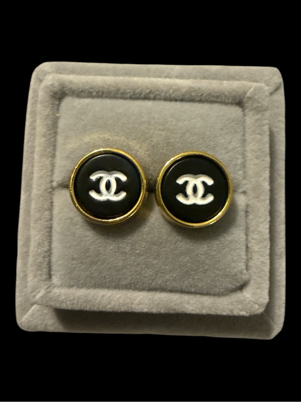 Gold Black CC Round Button Earrings